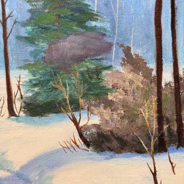 Traditional Winter Landscape Oil Painting Signed Audrey Milligan, Snowy Forest Scene For Sale - Image 3 of 12