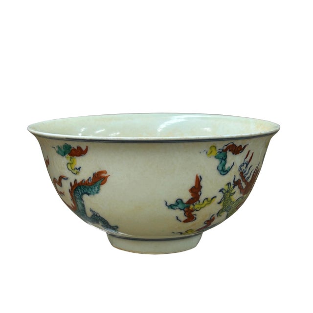 Chinese Off White Color Dragon Graphic Porcelain Bowl Display Art For Sale In San Francisco - Image 6 of 12