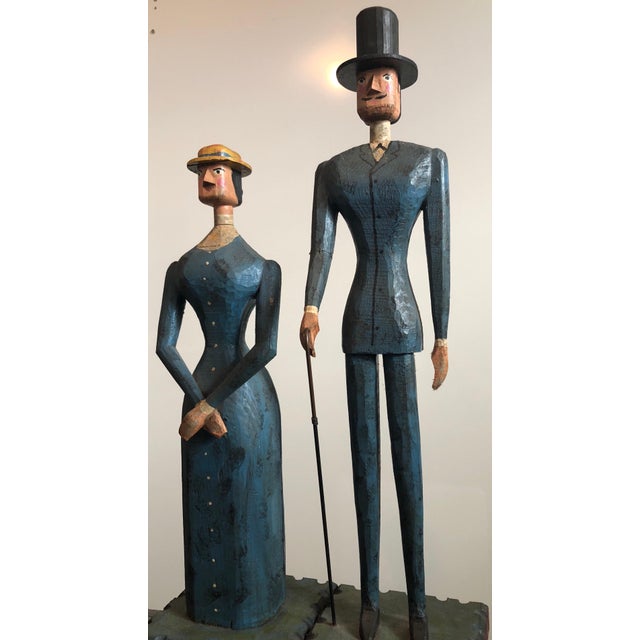 Late 20th Century Curtis Jeré, Hand Carved Painted Wood Folk Art Americana Sculpture Pair American Gothic, 1982 For Sale - Image 5 of 12