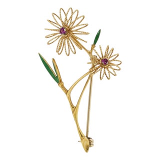 1970s 18k Yellow Gold Ruby and Enamel Floral Brooch Vintage Handcrafted Treasure For Sale