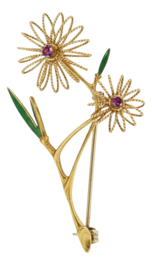 1970s 18k Yellow Gold Ruby and Enamel Floral Brooch Vintage Handcrafted Treasure