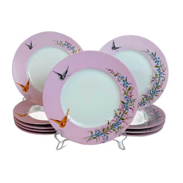 French Provincial Antique French Floral & Butterfly Pink Limoges Porcelain Dinner Plates – Set of 10 For Sale - Image 3 of 8