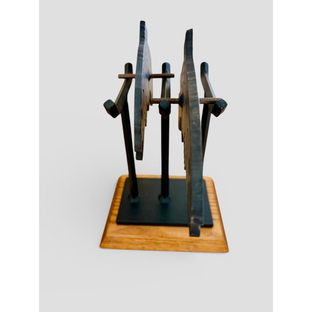 Signed Charles Ringer Kinetic Dual Trout / Salmon Cut Steel Brutalist Fish Sculpture Wood Base 1994 For Sale - Image 4 of 12