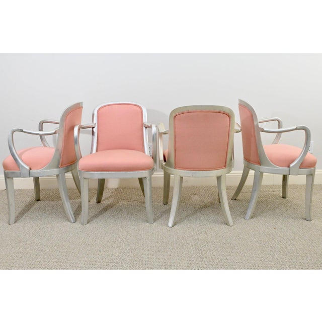 Art Deco Late 20th Century Set of Four Ss Normandie–Style Dining Armchairs — Silver-Painted Art Deco Chairs With Blush Upholstery For Sale - Image 3 of 6
