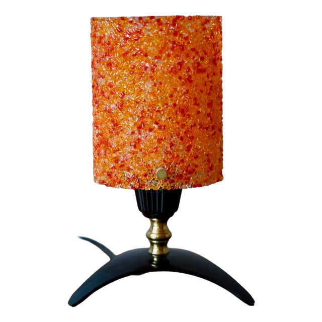 Vintage Table Lamp with Orange Frosted Acrylic Shade and Brass Tripod Base, 1960s For Sale