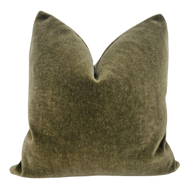 Plush 24" Olive Green Down Filled Mohair Pillow For Sale