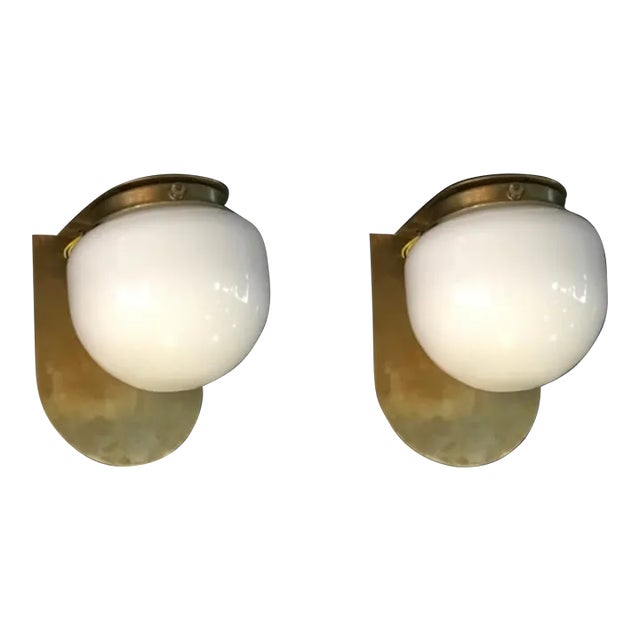 Pair Vintage Art Deco Wall Sconces in Brass & Milk Glass Shade Lamp Ship Light For Sale