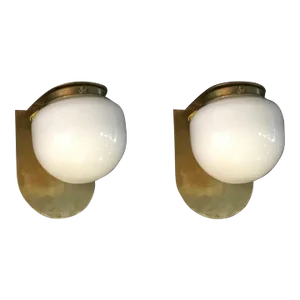 Pair Vintage Art Deco Wall Sconces in Brass & Milk Glass Shade Lamp Ship Light