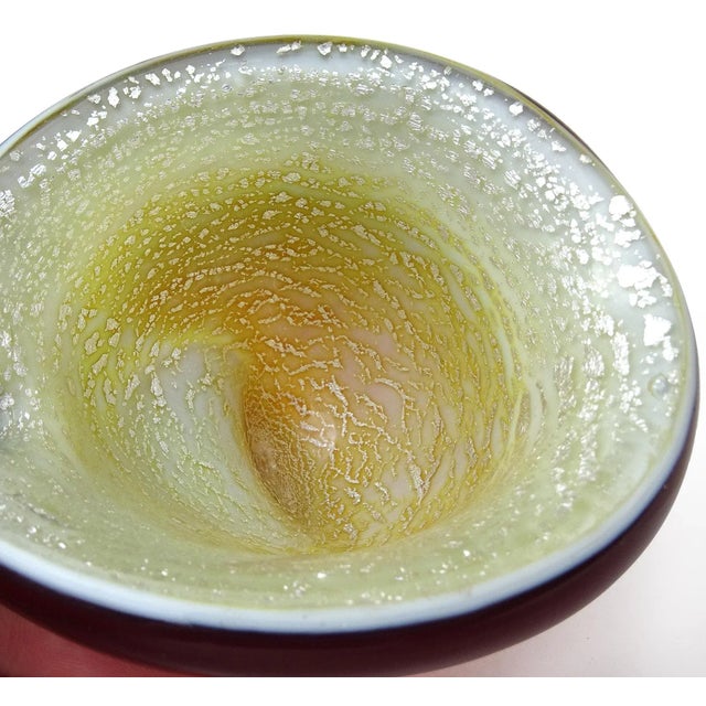 Abstract Vintage Murano Avem Deep Red Yellow Silver Flecks Italian Art Glass Seashell Sculptural Ashtray Bowl For Sale - Image 3 of 6