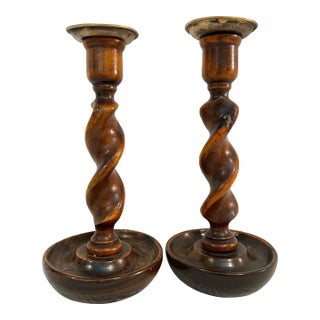 Early 20th Century English Jacobean Revival Oak Barley Twist Candlesticks - A Pair For Sale