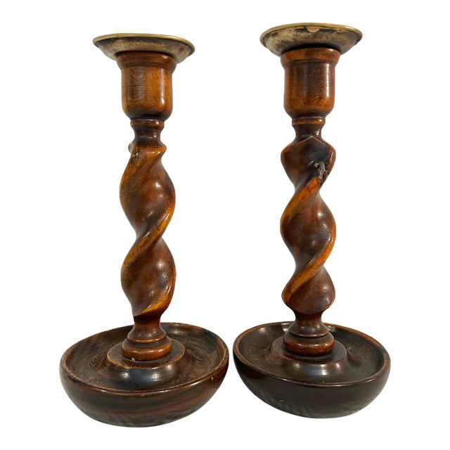 Early 20th Century English Jacobean Revival Oak Barley Twist Candlesticks - A Pair For Sale