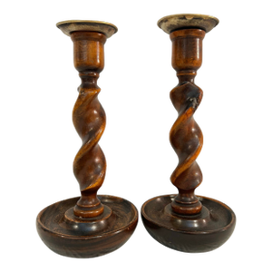 Early 20th Century English Jacobean Revival Oak Barley Twist Candlesticks - A Pair