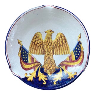 Vintage 1960s Large Handmade Italian American Bald Eagle and Flags Crest Seal Bowl Plate For Sale