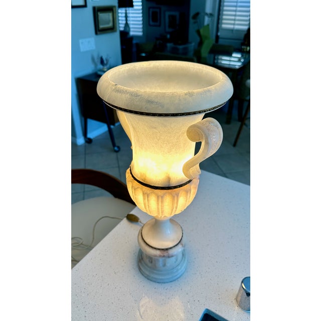 1970s Single Italian Tall Alabaster and Brass Urn Handles Table Lamp For Sale - Image 5 of 18