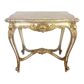 19th C. French Painted & Parcel Gilt Table W/ Marble Top For Sale