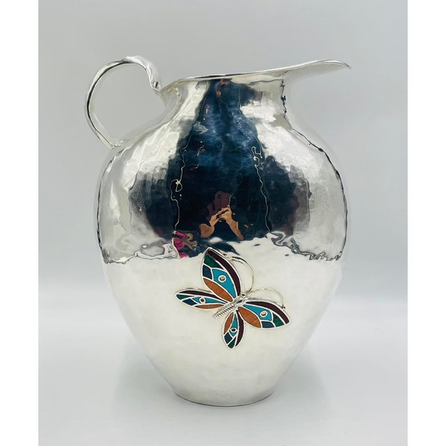 1980s 1980s Emilia Castillo Oversized Silver Pitcher With Stone Inlay, Taxco Silversmithing For Sale - Image 5 of 14