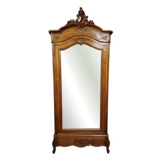 Louis XV Style Wardrobe with Mirror in Carved Walnut For Sale