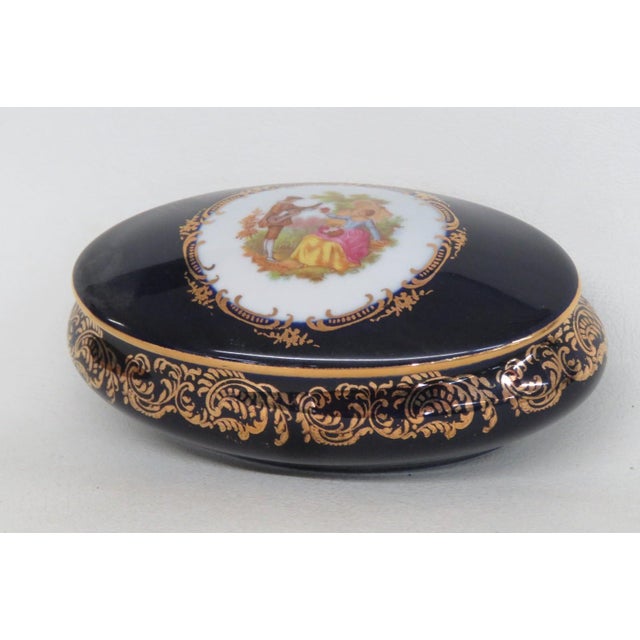 Limoges Castel Oval Trinket Box Cobalt Blue 22k Gold Trim Courting Couple 5190b For Sale In Miami - Image 6 of 14