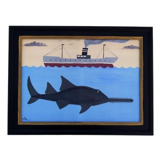 Matt Rix, Naïve Style Maritime Scene with Sawfish and Steamship, Print, Framed For Sale