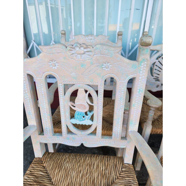 1980s Set of 6 Vintage Carved Nautical and Celestial Armchairs With Rush Seats For Sale - Image 5 of 10