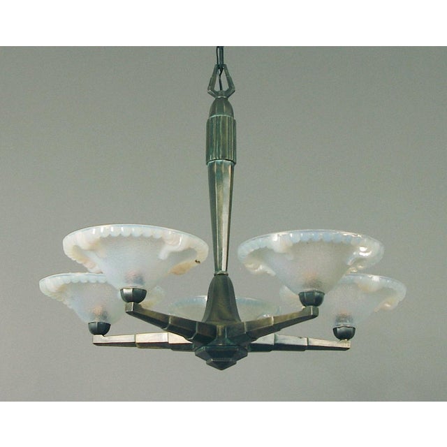 Art Deco 1920s or 30s 5-Light French Art Deco Bronze Patina Chandelier, Opalescent Shades For Sale - Image 3 of 6