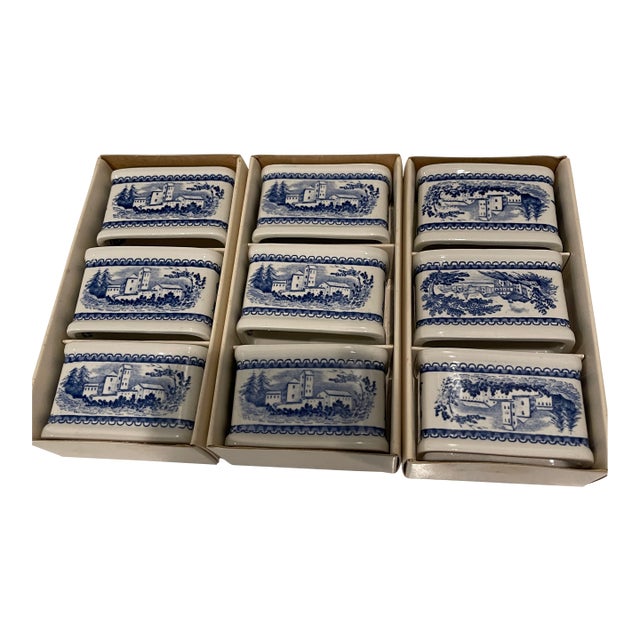 1970s Villeroy and Boch French Country Blue and White Porcelain Napkin Rings - Set of 9 For Sale