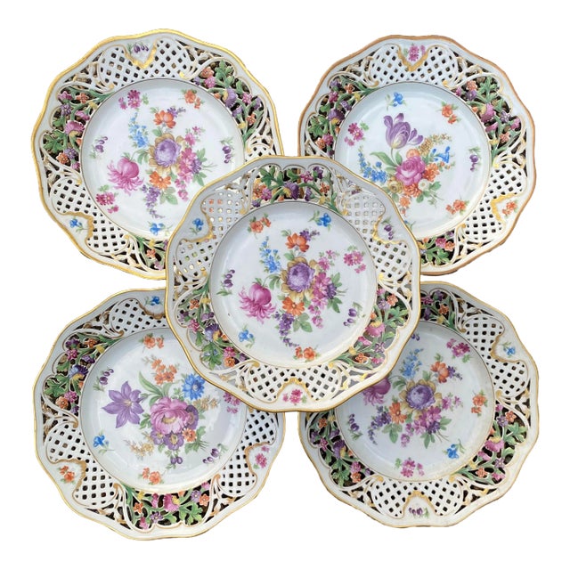 Early 20th Century Schuman Dresden Reticulated Dinner Plates With Colorful Floral Motif and Gold Trim, Set of Five For Sale