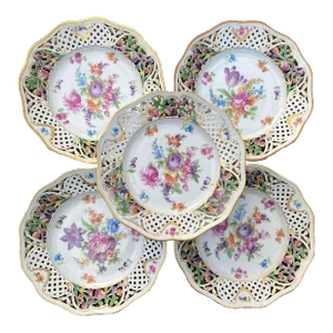 Early 20th Century Schuman Dresden Reticulated Dinner Plates With Colorful Floral Motif and Gold Trim, Set of Five