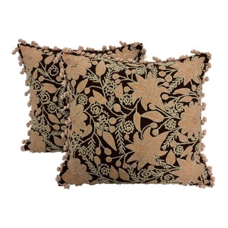 Hand Embroidered in Peru Pink and Brown Floral Pillows - Pair For Sale