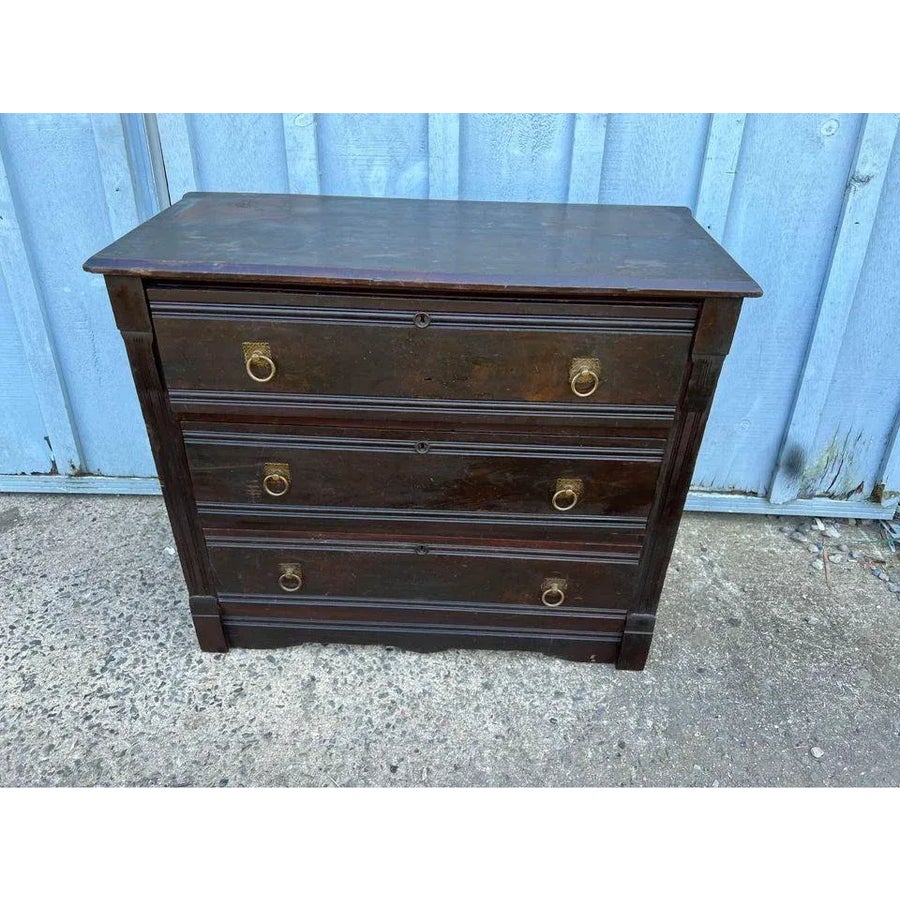 19th Century Antique Primitive Style 3 Drawer Walnut Dresser With Brass  Pulls | Chairish