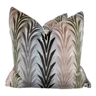 Acanthus Stripe Velvet on Linen 22” Pillows-A Pair For Sale
