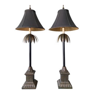 Late 20th Century Large Palm Buffet Lamps With Brass Accents and Black Shades, Pair For Sale