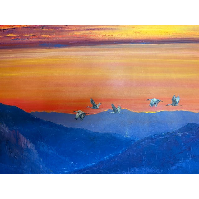 Orange Large Contemporary Oil Painting Cranes Over Sunset 48x48” For Sale - Image 8 of 17