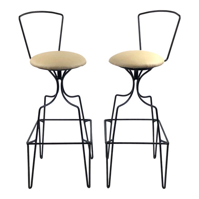 Mid Century Wrought Iron Swivel Bar Stools A Pair Chairish Sleek design with sturdy bent rod iron legs showing quality craftsmanship at i.