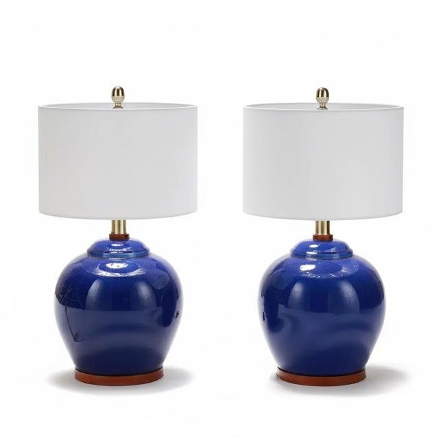 Ralph Lauren Pair of Cobalt Glazed Ceramic Table Lamps For Sale - Image 4 of 12