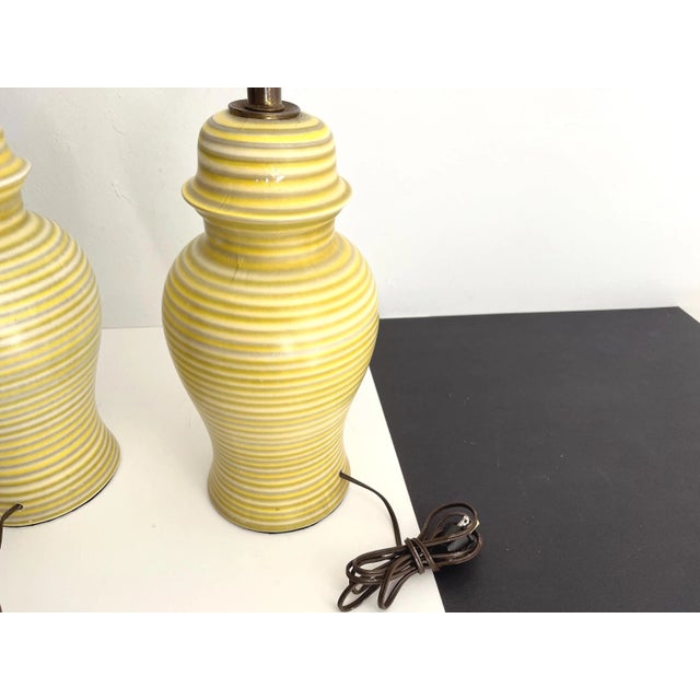 Midcentury Striped Ceramic Ginger Jar Lamps & Shades - a Pair For Sale - Image 15 of 18