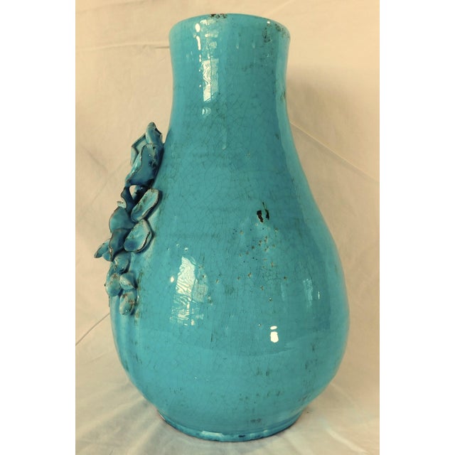 Ceramic Vintage Artisan Blue Crackle Stoneware Vase With Roses For Sale - Image 7 of 9
