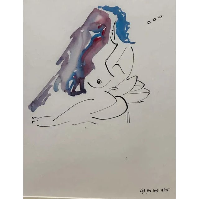 Contemporary "Blue Hair Woman and a Bird" Minimalist Watercolour #3 by Christopher Paul Cobb For Sale - Image 3 of 7