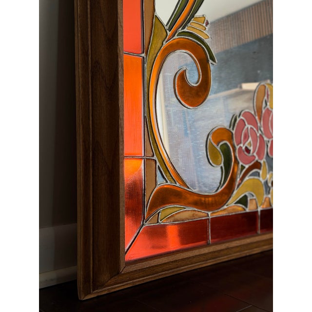 Vintage Artglas Reverse Painted Mirror — Art Nouveau Floral Panel, Hollywood Regency Statement, 1970s For Sale - Image 10 of 12