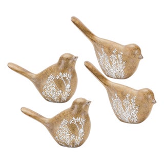 Floral Etched Bird Figurine with Wood Grain Design (Set of 4) For Sale