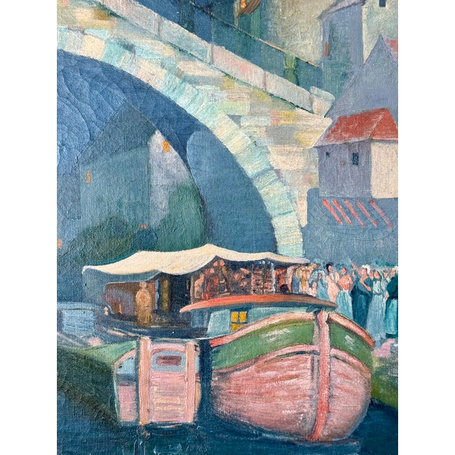 Vintage Oil on Canvas European River Town at Night For Sale - Image 11 of 14