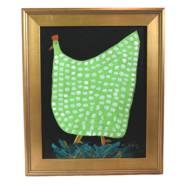Original Green Folk Art Chicken Hen Painting by Ruth Arenz Including the Antiqued Gold Wood Frame For Sale In Los Angeles - Image 6 of 6