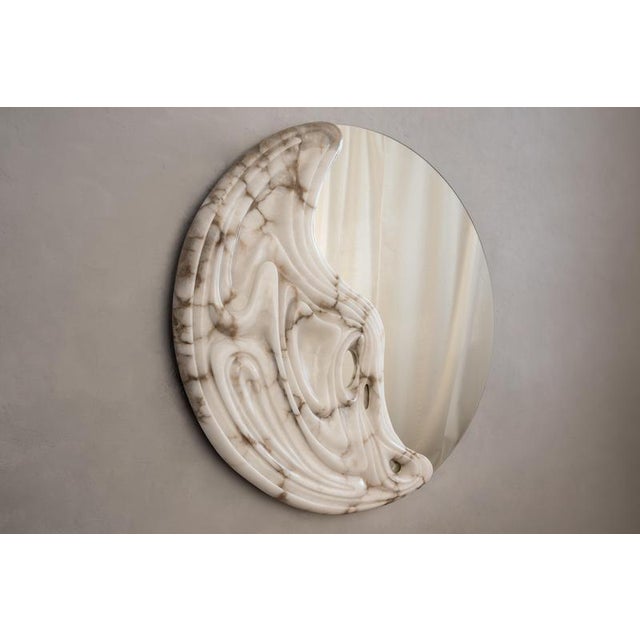 Fossil Moon Large Wall Mirror in Alabaster & Glass Mirror by Amarist Studio One Of A Kind Dimensions: D 12 x Ø 160 cm....