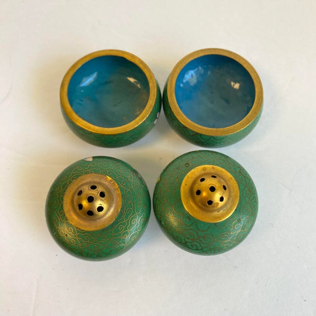 Mid 20th Century Cloisonné Salt & Pepper Shaker Cellar Green Enamel Floral Red Flower Vintage Set of 4 For Sale - Image 5 of 11