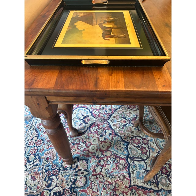Wood Vintage Abercrombie & Fitch English Black Lacquer Wood Serving Tray With George Stubbs “Eclipse” Equestrian Print For Sale - Image 7 of 13