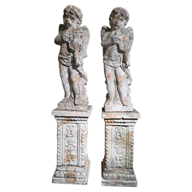 Antique Italian Terracotta Musical Cherubs on Pedestals, 1890, Set of 2 For Sale - Image 11 of 11