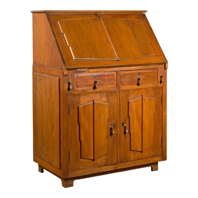 Indonesian 19th Century Handmade Slant-Front Desk with Raised Panels and Drawers For Sale