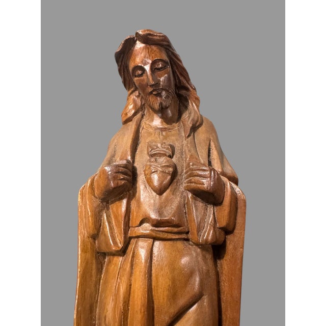 Mid 20th Century Vintage Hand Carved Wooden 17" Statue Sculpture Sacred Heart of Jesus For Sale - Image 5 of 8