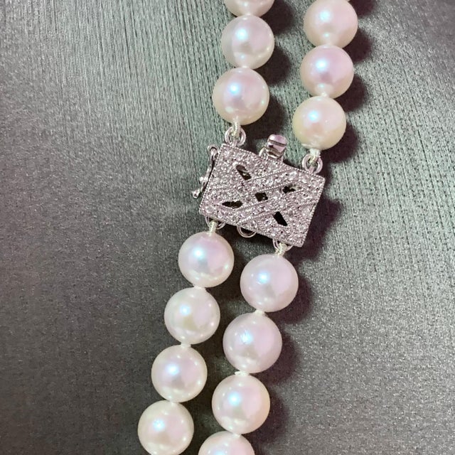 Diamond Akoya Pearl 2-Strand Necklace 18k Gold Certified For Sale - Image 9 of 11