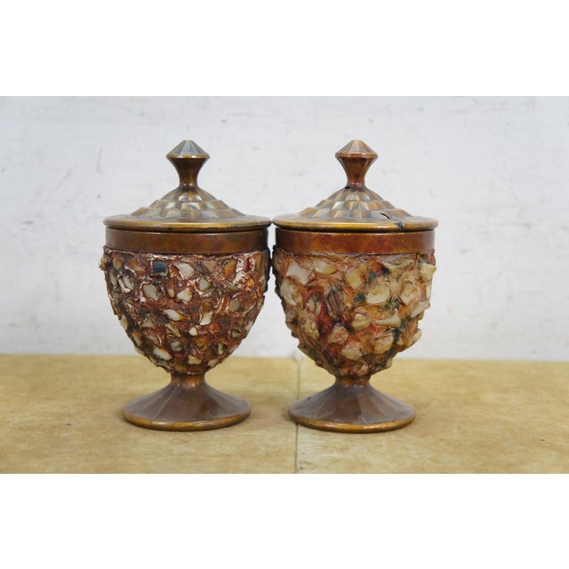 Glass Vintage Amethyst Glass Bronzed Shell Stone Urns Folk Art Mosaic Lidded Chalices For Sale - Image 7 of 13